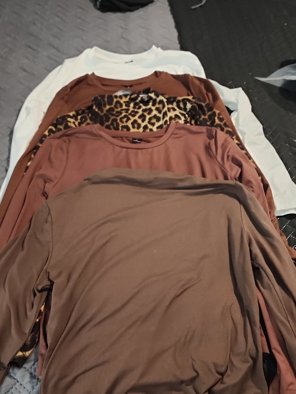 5 Pc Together SHEIN Long Sleeve Crewneck Tops - Brown, Rust, White & Leopard